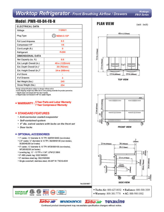 Turbo Air PWR-48-D4-FB-N 48 1/4" Worktop Refrigerator w/ (2) Sections, 4 Drawers, Front Breathing - Donut-Equipment.com