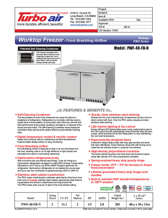 Turbo Air PWF-48-FB-N 48 1/4"W Worktop Freezer w/ (2) Sections & 2 Doors - Donut-Equipment.com