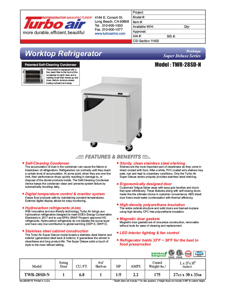Turbo Air TWR-28SD-N 27 1/2" Super Deluxe Worktop Refrigerator w/ (1) Section, 1 Solid Door - Donut-Equipment.com