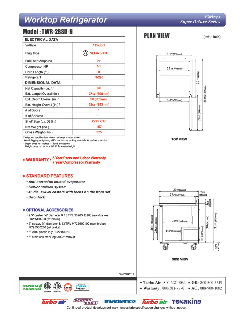 Turbo Air TWR-28SD-N 27 1/2" Super Deluxe Worktop Refrigerator w/ (1) Section, 1 Solid Door - Donut-Equipment.com