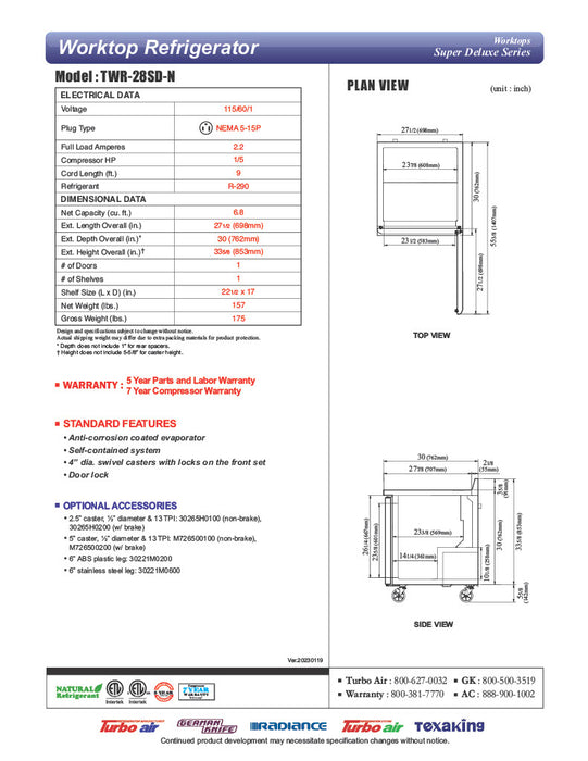 Turbo Air TWR-28SD-N 27 1/2" Super Deluxe Worktop Refrigerator w/ (1) Section, 1 Solid Door - Donut-Equipment.com