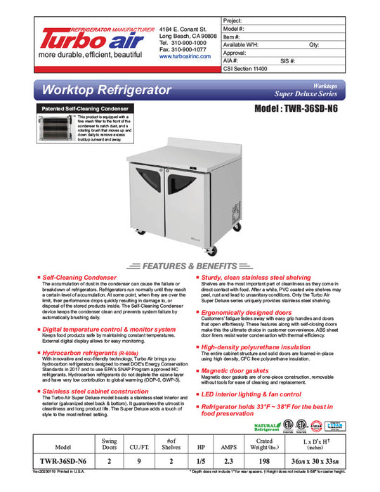 Turbo Air TWR-36SD-N6 36 1/4" Super Deluxe Worktop Refrigerator w/ (1) Section, 1 Solid Door - Donut-Equipment.com