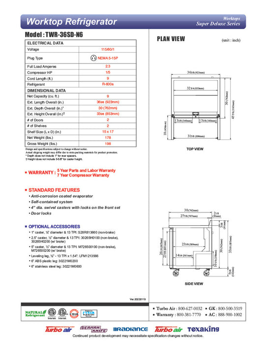 Turbo Air TWR-36SD-N6 36 1/4" Super Deluxe Worktop Refrigerator w/ (1) Section, 1 Solid Door - Donut-Equipment.com
