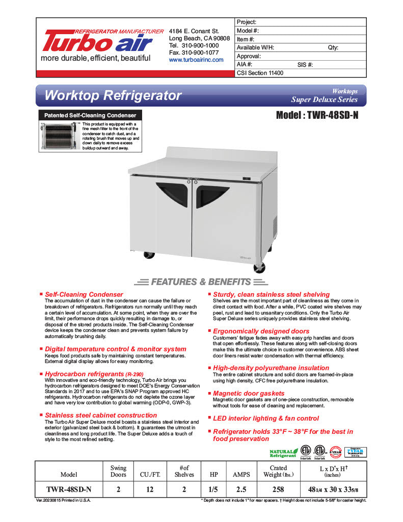 Turbo Air TWR-48SD-N 48 1/4" Super Deluxe Worktop Refrigerator w/ (2) Sections, 2 Solid Doors - Donut-Equipment.com