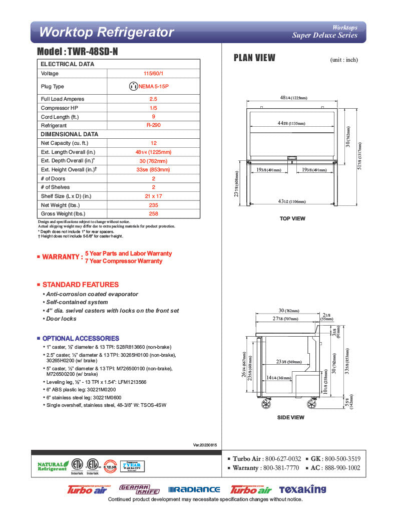 Turbo Air TWR-48SD-N 48 1/4" Super Deluxe Worktop Refrigerator w/ (2) Sections, 2 Solid Doors - Donut-Equipment.com
