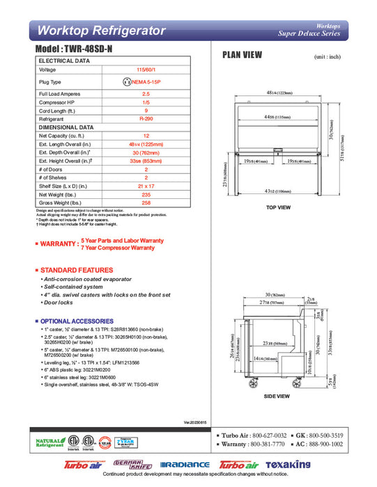 Turbo Air TWR-48SD-N 48 1/4" Super Deluxe Worktop Refrigerator w/ (2) Sections, 2 Solid Doors - Donut-Equipment.com