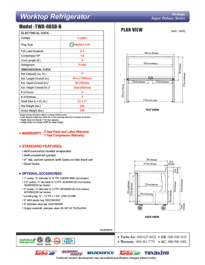 Turbo Air TWR-60SD-N 60 1/4" Super Deluxe Worktop Refrigerator w/ (2) Sections, 2 Solid Doors - Donut-Equipment.com
