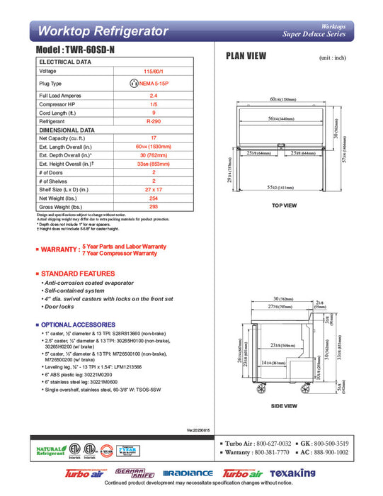 Turbo Air TWR-60SD-N 60 1/4" Super Deluxe Worktop Refrigerator w/ (2) Sections, 2 Solid Doors - Donut-Equipment.com