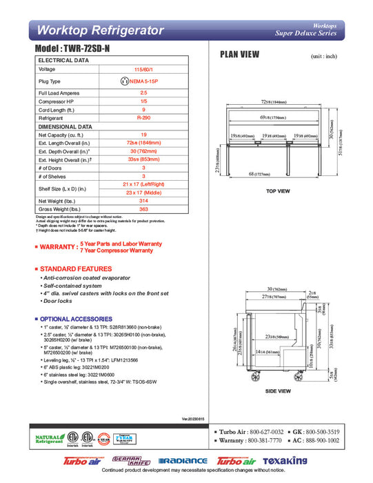 Turbo Air TWR-72SD-N 72 5/8" Super Deluxe Worktop Refrigerator w/ (3) Sections, 3 Solid Doors - Donut-Equipment.com