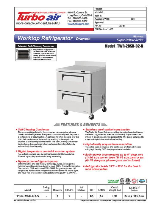 Turbo Air TWR-28SD-D2-N 27 1/2" Super Deluxe Worktop Refrigerator w/ (1) Section, 2 Drawers - Donut-Equipment.com