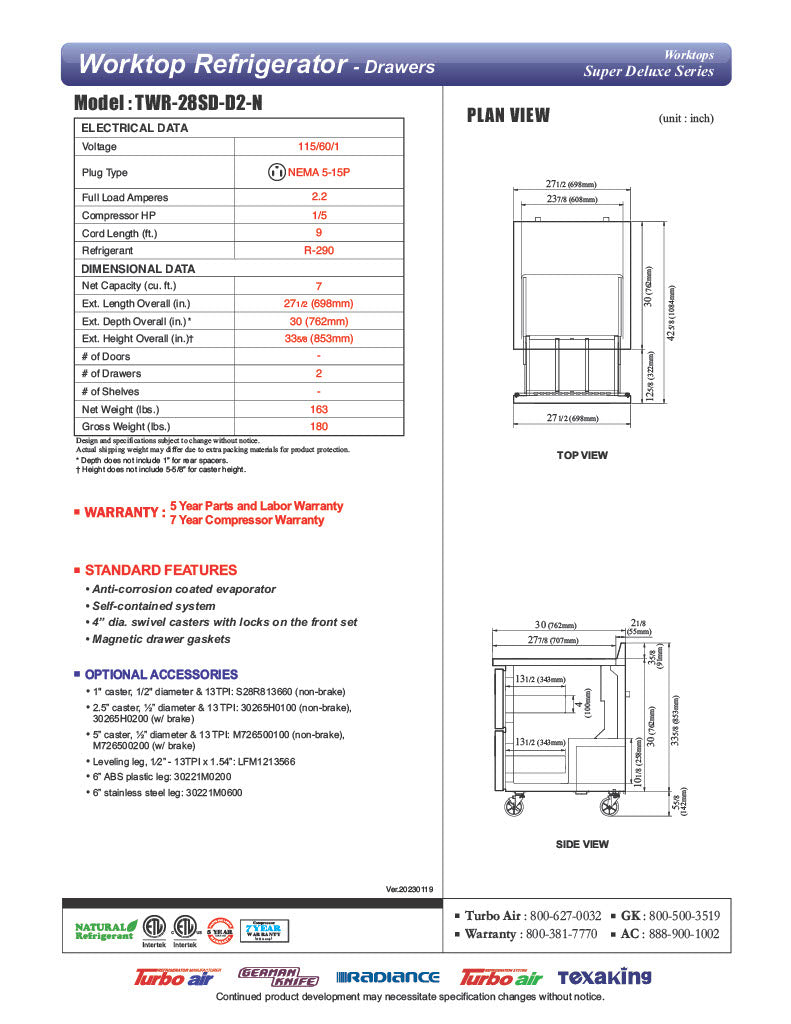 Turbo Air TWR-28SD-D2-N 27 1/2" Super Deluxe Worktop Refrigerator w/ (1) Section, 2 Drawers - Donut-Equipment.com