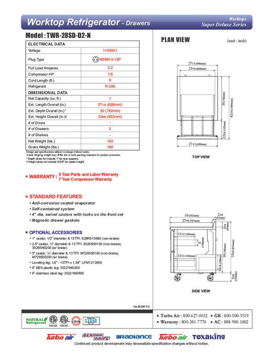 Turbo Air TWR-28SD-D2-N 27 1/2" Super Deluxe Worktop Refrigerator w/ (1) Section, 2 Drawers - Donut-Equipment.com