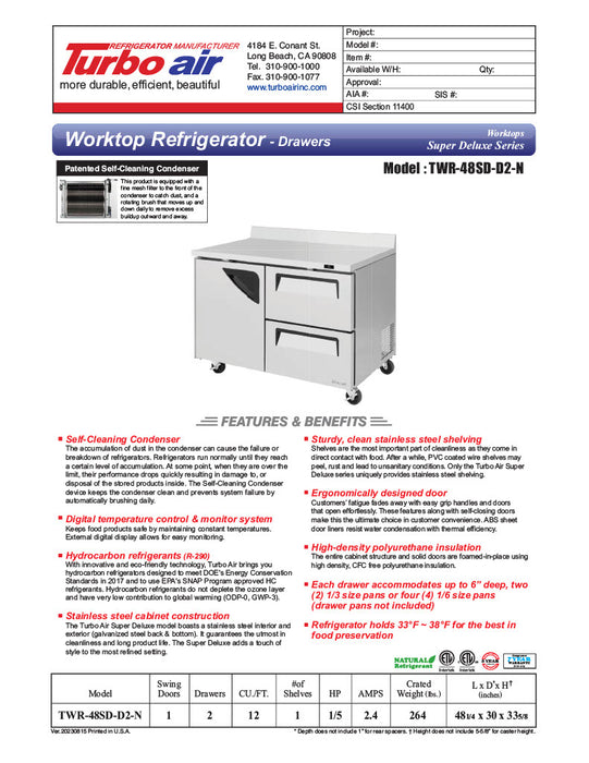 Turbo Air TWR-48SD-D2-N 48 1/4" Super Deluxe Worktop Refrigerator w/ (2) Sections, 2 Drawers & 1 Solid Door - Donut-Equipment.com