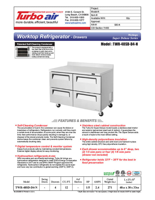 Turbo Air TWR-48SD-D4-N 48 1/4" Super Deluxe Worktop Refrigerator w/ (2) Sections, 4 Drawers - Donut-Equipment.com