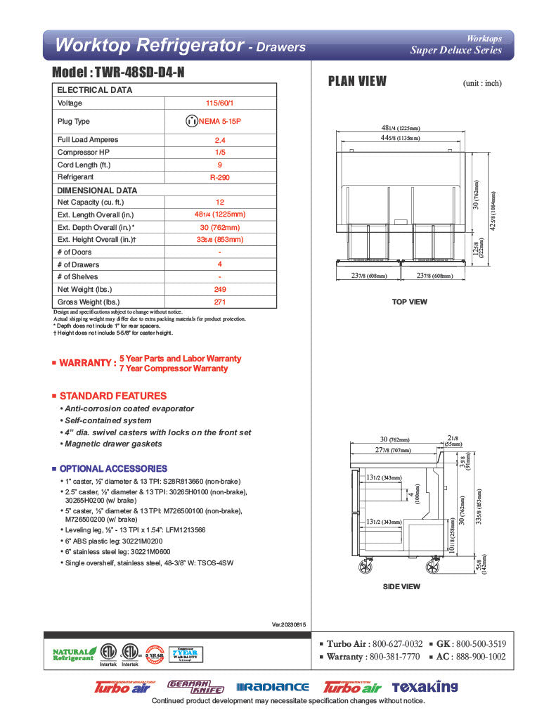 Turbo Air TWR-48SD-D4-N 48 1/4" Super Deluxe Worktop Refrigerator w/ (2) Sections, 4 Drawers - Donut-Equipment.com