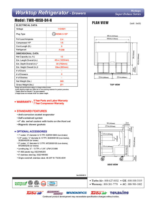 Turbo Air TWR-48SD-D4-N 48 1/4" Super Deluxe Worktop Refrigerator w/ (2) Sections, 4 Drawers - Donut-Equipment.com
