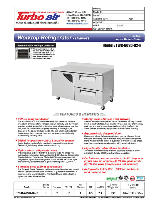 Turbo Air TWR-60SD-D2R-N 60 1/4" Super Deluxe Worktop Refrigerator w/ (2) Sections, 2 Drawers & 1 Solid Door - Donut-Equipment.com
