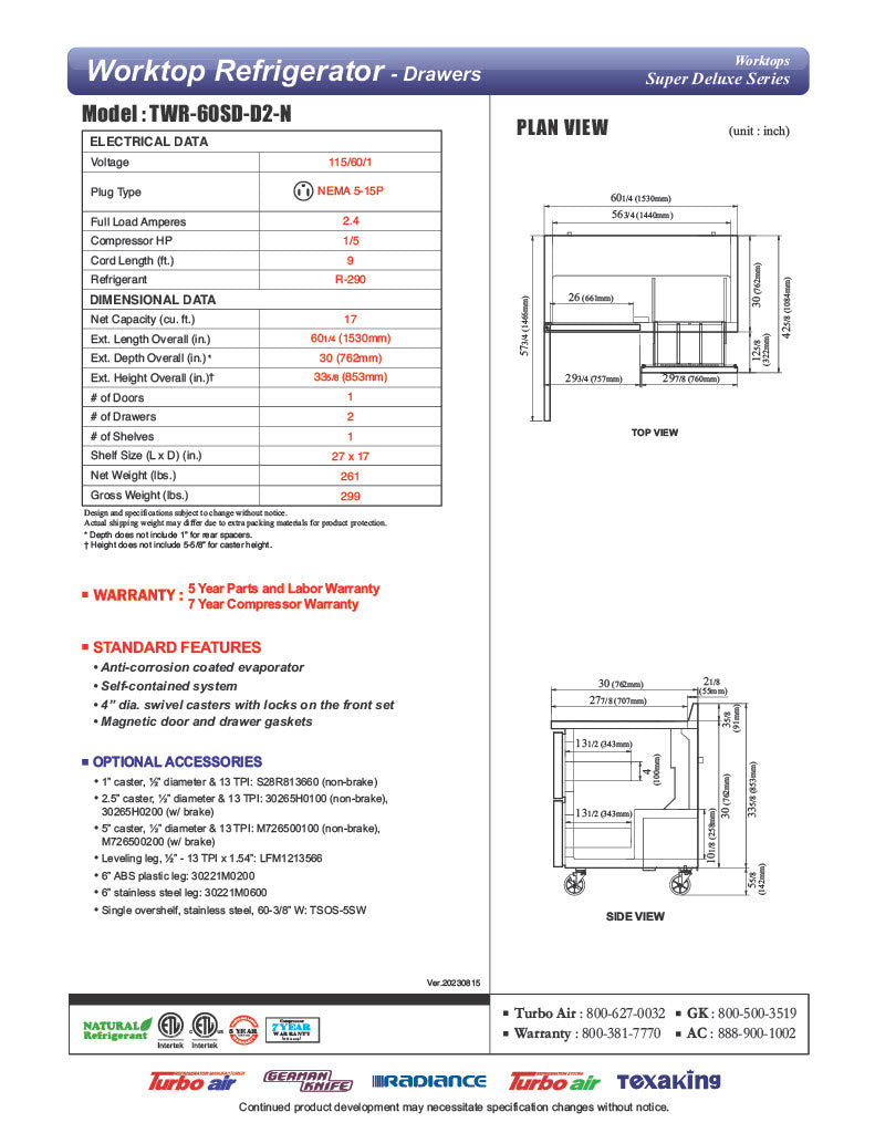 Turbo Air TWR-60SD-D2R-N 60 1/4" Super Deluxe Worktop Refrigerator w/ (2) Sections, 2 Drawers & 1 Solid Door - Donut-Equipment.com