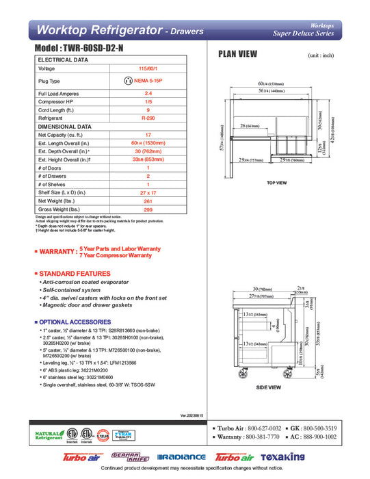 Turbo Air TWR-60SD-D2R-N 60 1/4" Super Deluxe Worktop Refrigerator w/ (2) Sections, 2 Drawers & 1 Solid Door - Donut-Equipment.com