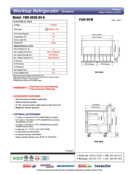 Turbo Air TWR-60SD-D4-N 60 1/4" Super Deluxe Worktop Refrigerator w/ (2) Sections, 4 Drawers - Donut-Equipment.com