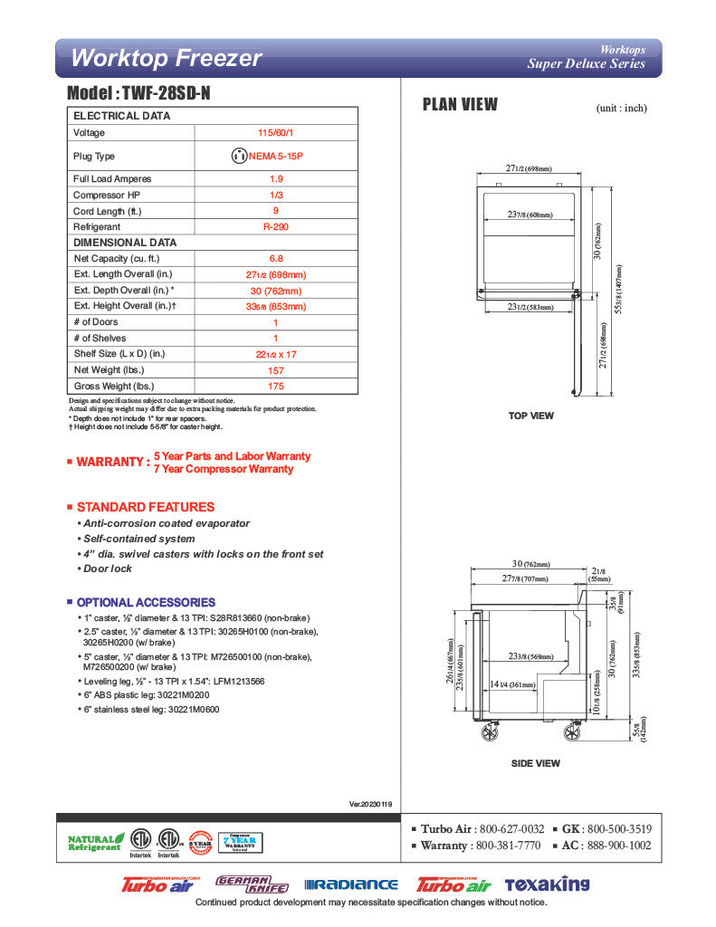 Turbo Air TWF-28SD-N 27 1/2" Super Deluxe Worktop Freezer w/ (1) Section, 1 Solid Door - Donut-Equipment.com