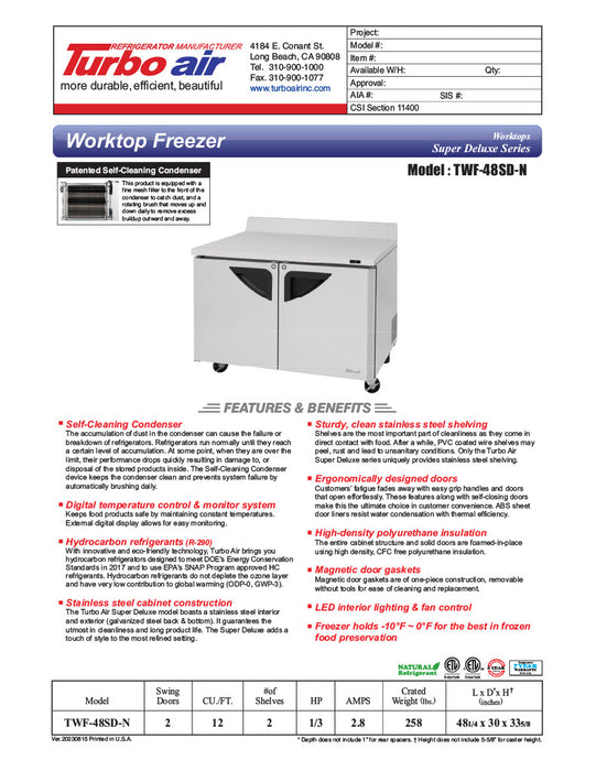 Turbo Air TWR-48SD-N 48 1/4" Super Deluxe Worktop Refrigerator w/ (2) Sections, 2 Solid Doors - Donut-Equipment.com