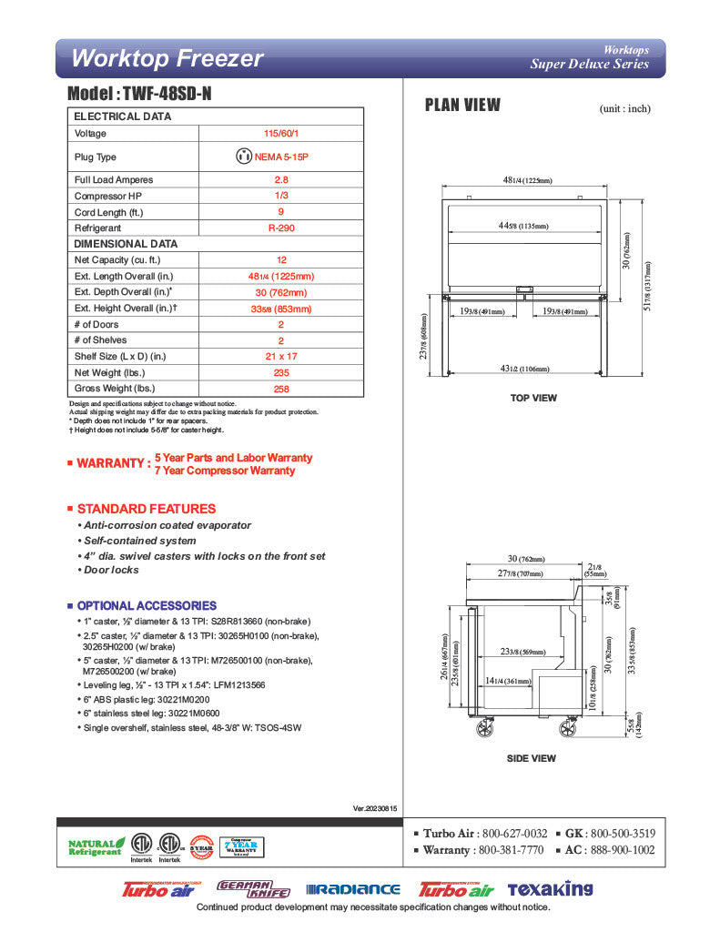 Turbo Air TWR-48SD-N 48 1/4" Super Deluxe Worktop Refrigerator w/ (2) Sections, 2 Solid Doors - Donut-Equipment.com