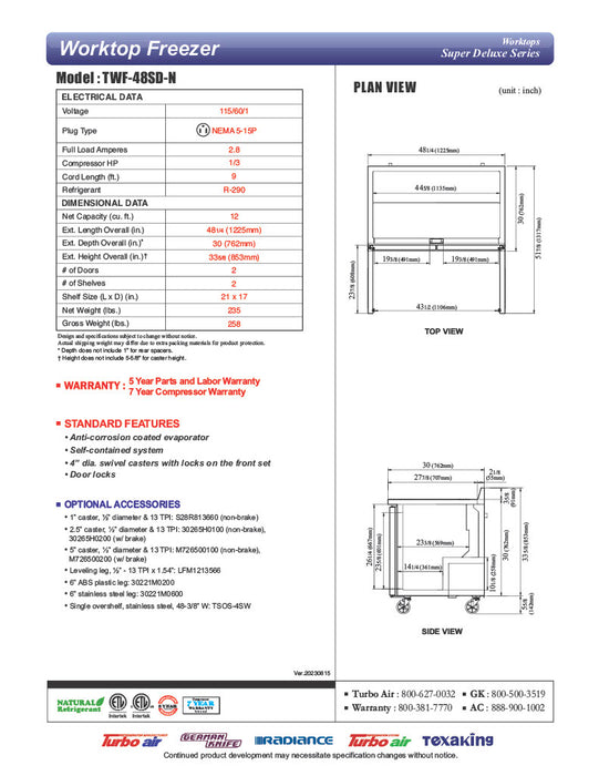 Turbo Air TWR-48SD-N 48 1/4" Super Deluxe Worktop Refrigerator w/ (2) Sections, 2 Solid Doors - Donut-Equipment.com