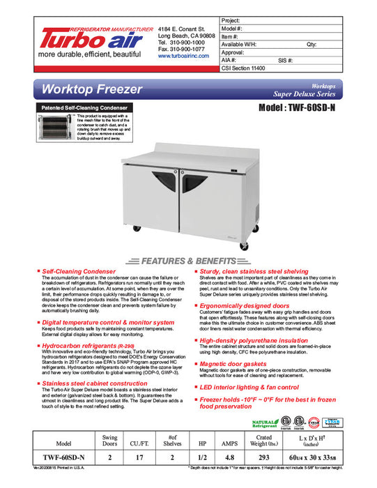 Turbo Air TWF-60SD-N 60 1/4" Super Deluxe Worktop Freezer w/ (2) Sections, 2 Solid Doors - Donut-Equipment.com