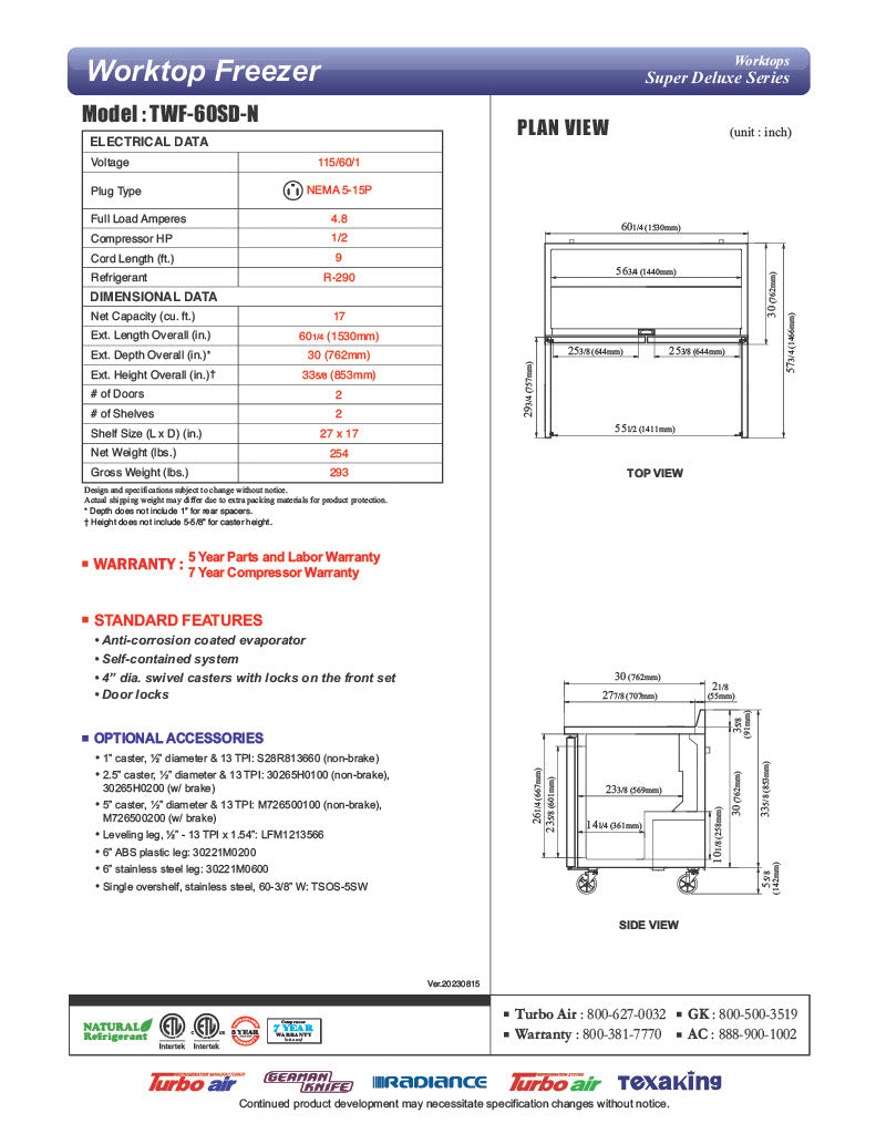 Turbo Air TWF-60SD-N 60 1/4" Super Deluxe Worktop Freezer w/ (2) Sections, 2 Solid Doors - Donut-Equipment.com