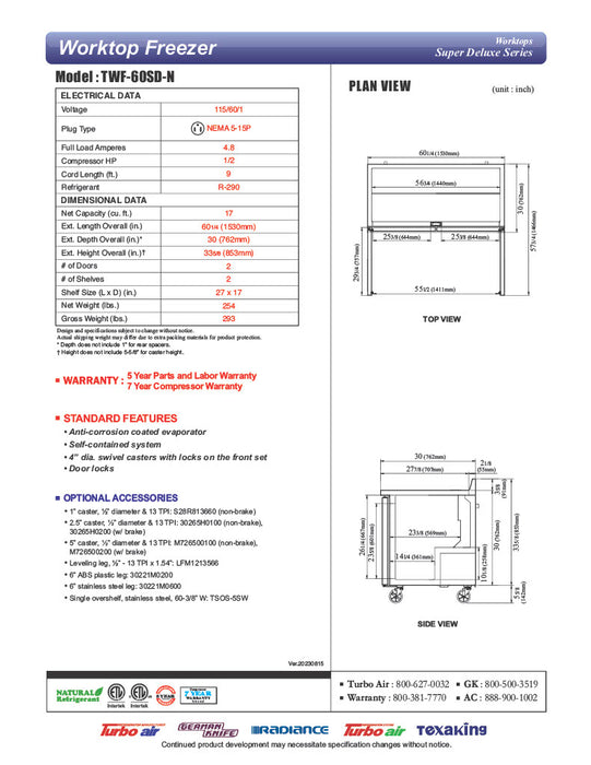 Turbo Air TWF-60SD-N 60 1/4" Super Deluxe Worktop Freezer w/ (2) Sections, 2 Solid Doors - Donut-Equipment.com