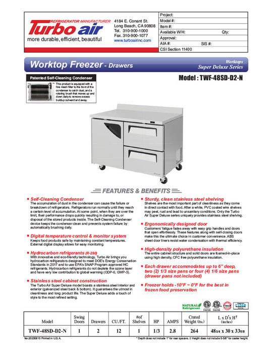 Turbo Air TWF-48SD-D2-N 48 1/4" Super Deluxe Worktop Freezer w/ (2) Sections, 2 Drawers & 1 Solid Door - Donut-Equipment.com