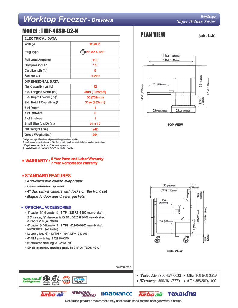 Turbo Air TWF-48SD-D2-N 48 1/4" Super Deluxe Worktop Freezer w/ (2) Sections, 2 Drawers & 1 Solid Door - Donut-Equipment.com