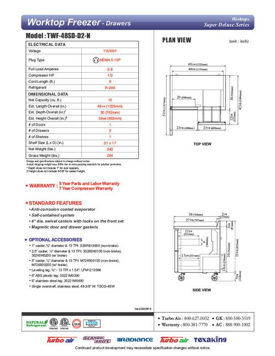 Turbo Air TWF-48SD-D2-N 48 1/4" Super Deluxe Worktop Freezer w/ (2) Sections, 2 Drawers & 1 Solid Door - Donut-Equipment.com