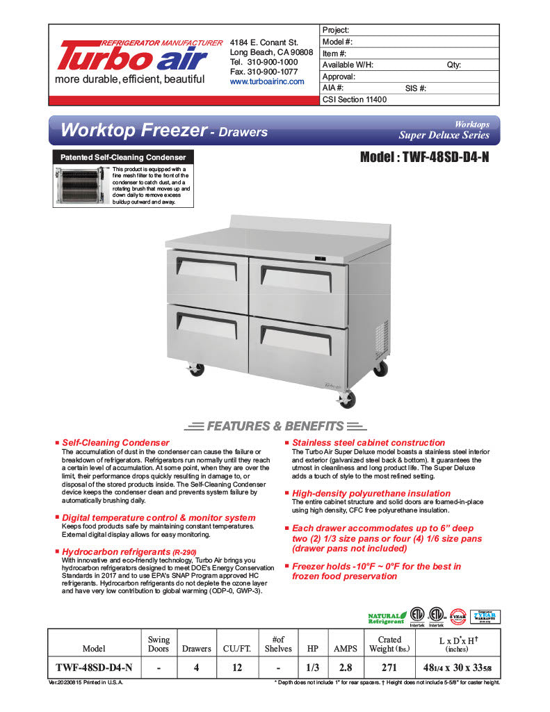 Turbo Air TWF-48SD-D4-N 48 1/4" Super Deluxe Worktop Freezer w/ (2) Sections, 4 Drawers - Donut-Equipment.com