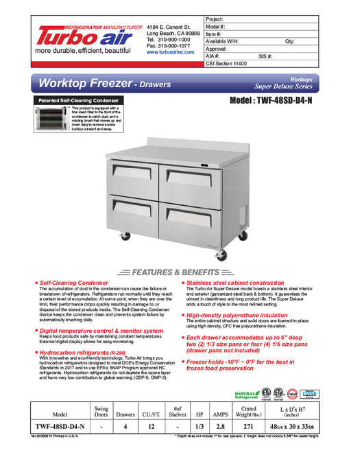 Turbo Air TWF-48SD-D4-N 48 1/4" Super Deluxe Worktop Freezer w/ (2) Sections, 4 Drawers - Donut-Equipment.com