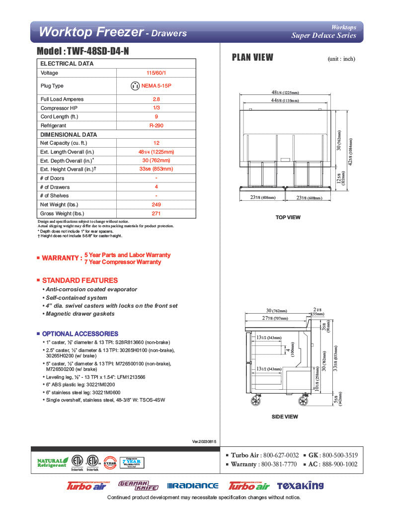 Turbo Air TWF-48SD-D4-N 48 1/4" Super Deluxe Worktop Freezer w/ (2) Sections, 4 Drawers - Donut-Equipment.com