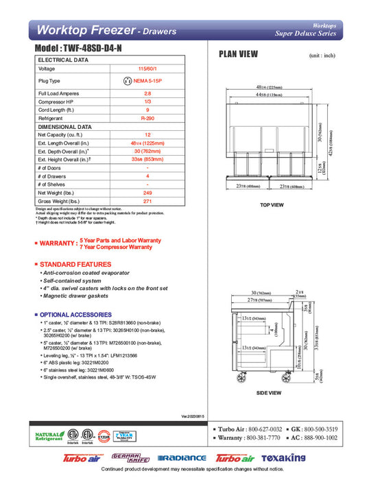 Turbo Air TWF-48SD-D4-N 48 1/4" Super Deluxe Worktop Freezer w/ (2) Sections, 4 Drawers - Donut-Equipment.com