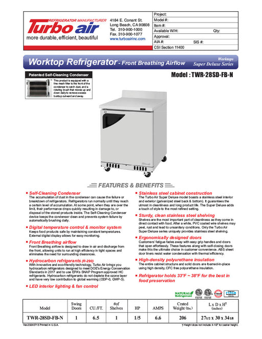 Turbo Air TWR-28SD-FB-N 27 1/2" Super Deluxe Worktop Refrigerator w/ (1) Section, 1 Solid Door, Front Breathing - Donut-Equipment.com