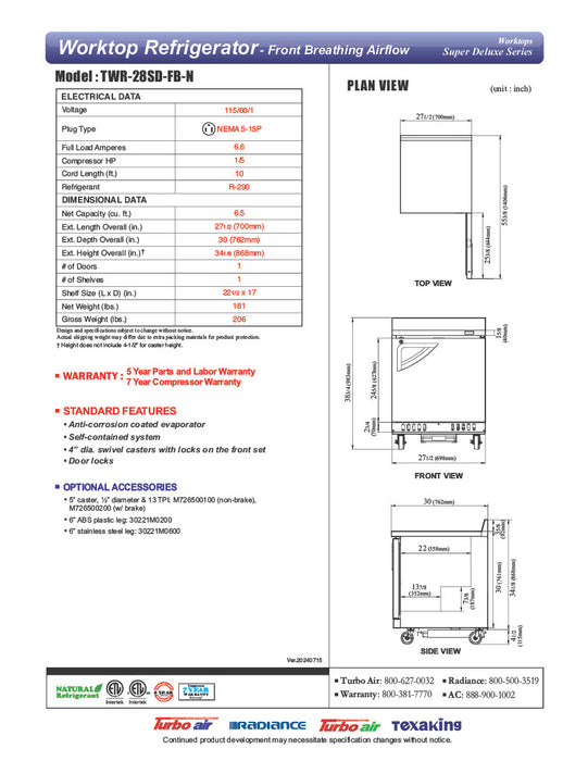 Turbo Air TWR-28SD-FB-N 27 1/2" Super Deluxe Worktop Refrigerator w/ (1) Section, 1 Solid Door, Front Breathing - Donut-Equipment.com