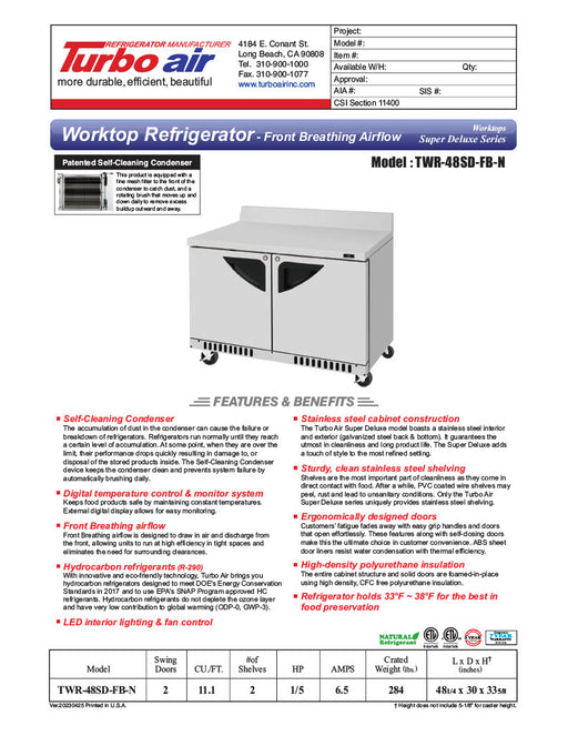 Turbo Air TWR-48SD-FB-N 48 1/4" Super Deluxe Worktop Refrigerator w/ (2) Sections, 2 Solid Doors, Front Breathing - Donut-Equipment.com