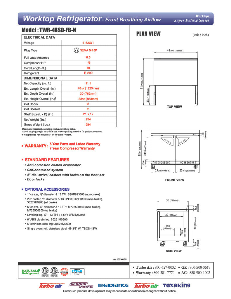 Turbo Air TWR-48SD-FB-N 48 1/4" Super Deluxe Worktop Refrigerator w/ (2) Sections, 2 Solid Doors, Front Breathing - Donut-Equipment.com
