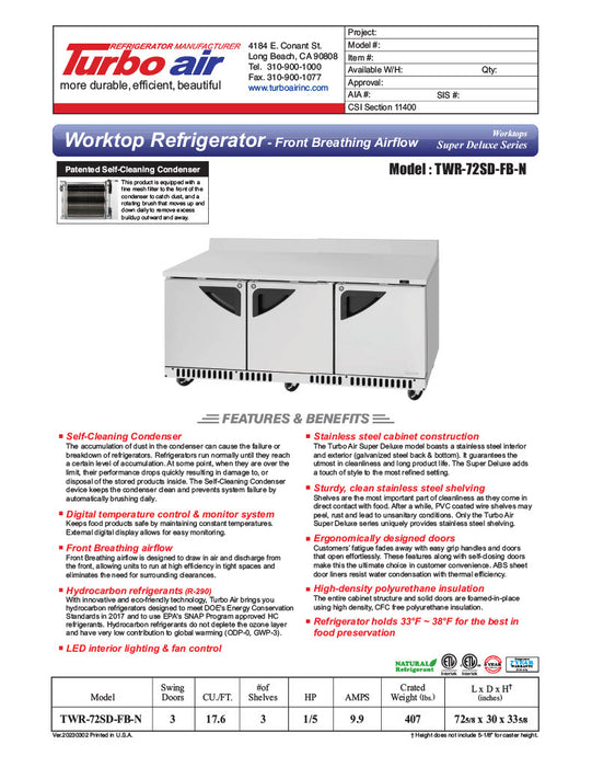 Turbo Air TWR-72SD-FB-N 72 5/8" Super Deluxe Worktop Refrigerator w/ (3) Sections, 3 Solid Doors, Front Breathing - Donut-Equipment.com