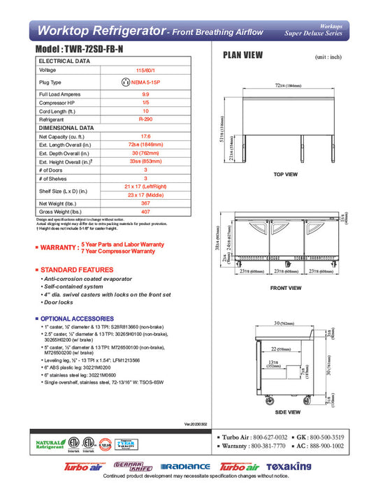 Turbo Air TWR-72SD-FB-N 72 5/8" Super Deluxe Worktop Refrigerator w/ (3) Sections, 3 Solid Doors, Front Breathing - Donut-Equipment.com
