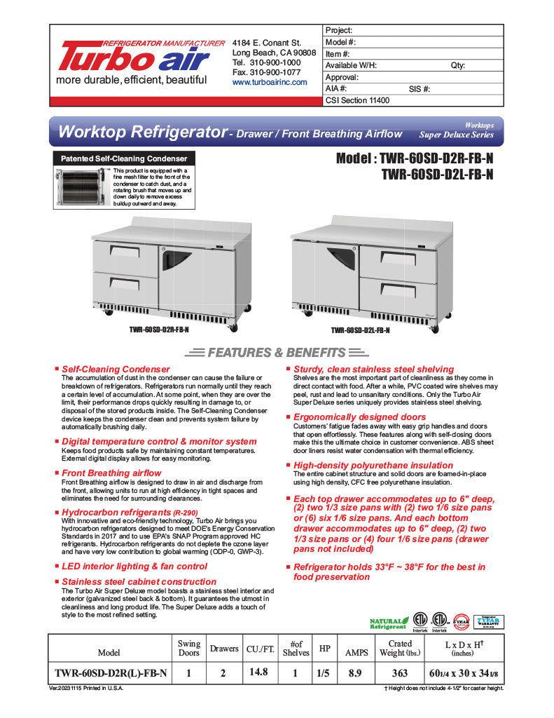 Turbo Air TWR-28SD-FB-N 27 1/2" Super Deluxe Worktop Refrigerator w/ (1) Section, 1 Solid Door, Front Breathing - Donut-Equipment.com