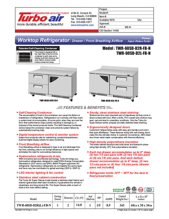 Turbo Air TWR-28SD-FB-N 27 1/2" Super Deluxe Worktop Refrigerator w/ (1) Section, 1 Solid Door, Front Breathing - Donut-Equipment.com
