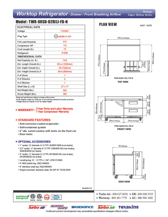 Turbo Air TWR-28SD-FB-N 27 1/2" Super Deluxe Worktop Refrigerator w/ (1) Section, 1 Solid Door, Front Breathing - Donut-Equipment.com