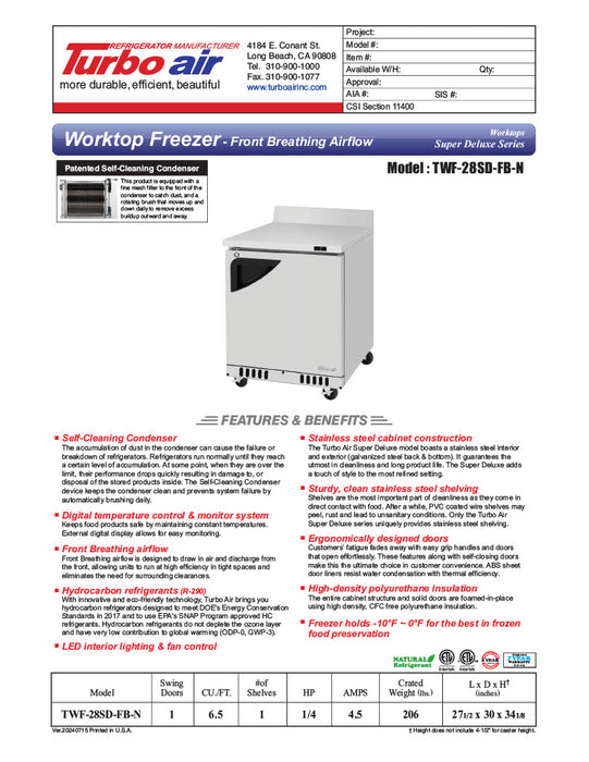 Turbo Air TWF-28SD-FB-N 27 1/2" Super Deluxe Worktop Freezer w/ (1) Section, 1 Solid Door, Front Breathing - Donut-Equipment.com