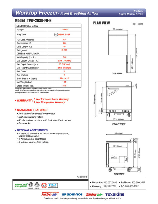 Turbo Air TWF-28SD-FB-N 27 1/2" Super Deluxe Worktop Freezer w/ (1) Section, 1 Solid Door, Front Breathing - Donut-Equipment.com