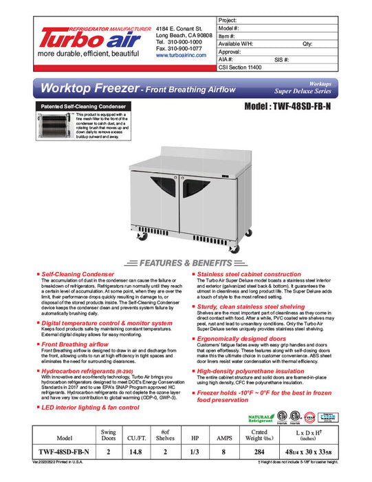 Turbo Air TWF-48SD-FB-N 48 1/4" Super Deluxe Worktop Freezer w/ (2) Sections, 2 Solid Doors, Front Breathing - Donut-Equipment.com